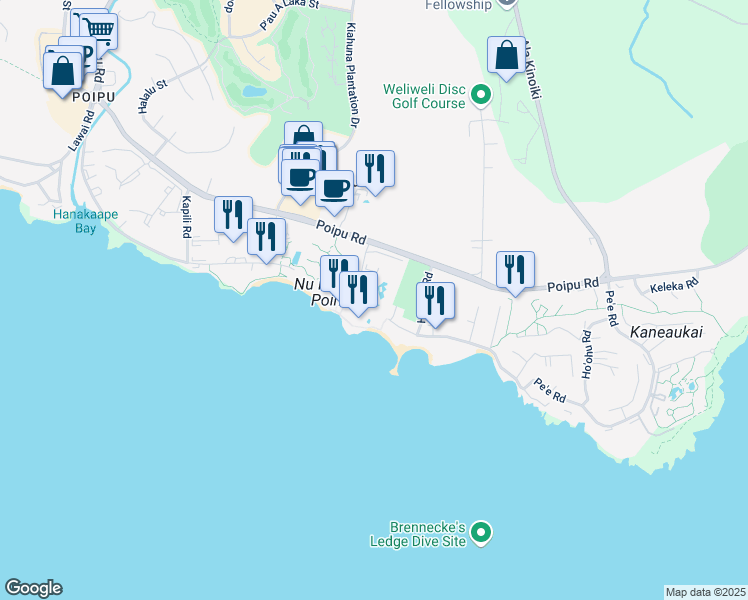 map of restaurants, bars, coffee shops, grocery stores, and more near 2249 Poipu Road in Koloa