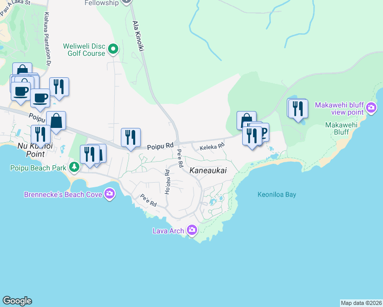 map of restaurants, bars, coffee shops, grocery stores, and more near 1465 Pee Road in Koloa
