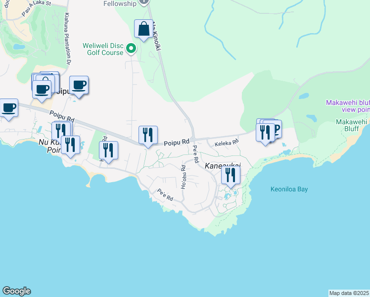 map of restaurants, bars, coffee shops, grocery stores, and more near 1831 Poipu Road in Koloa