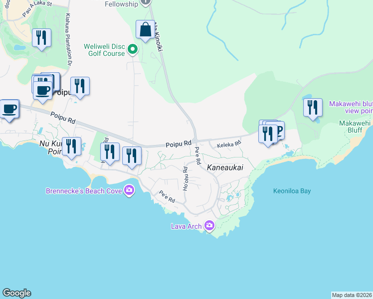 map of restaurants, bars, coffee shops, grocery stores, and more near 1831 Poipu Road in Koloa