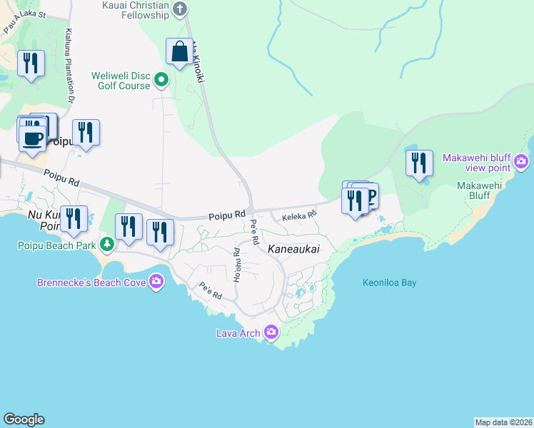 map of restaurants, bars, coffee shops, grocery stores, and more near 1465 Pee Road in Koloa