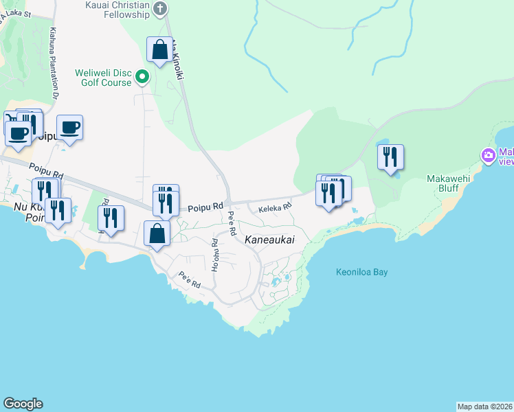 map of restaurants, bars, coffee shops, grocery stores, and more near 1722 Keleka Road in Koloa
