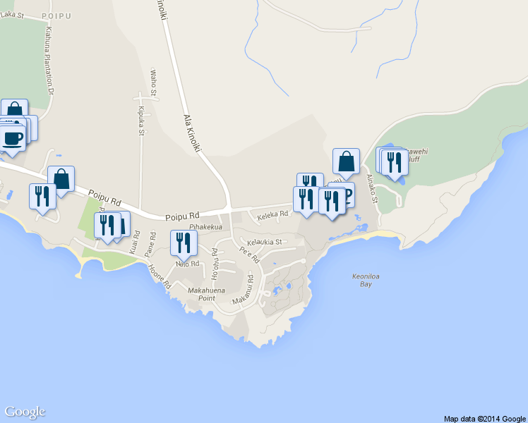 map of restaurants, bars, coffee shops, grocery stores, and more near 1722 Keleka Road in Koloa