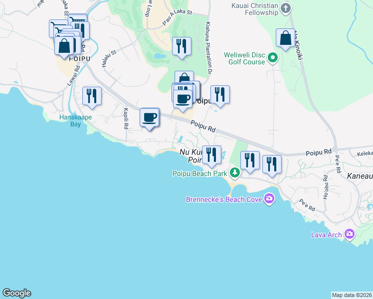 map of restaurants, bars, coffee shops, grocery stores, and more near 181 Hoonani Road in Koloa