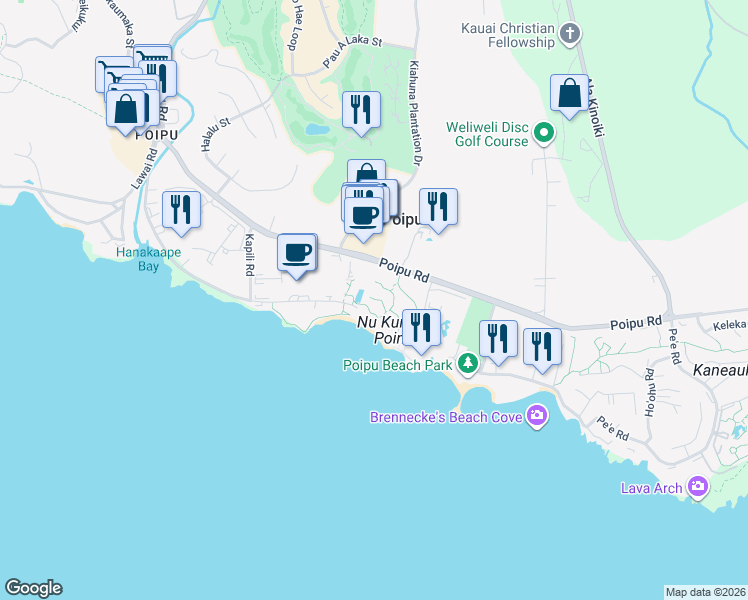 map of restaurants, bars, coffee shops, grocery stores, and more near 181 Hoonani Road in Koloa