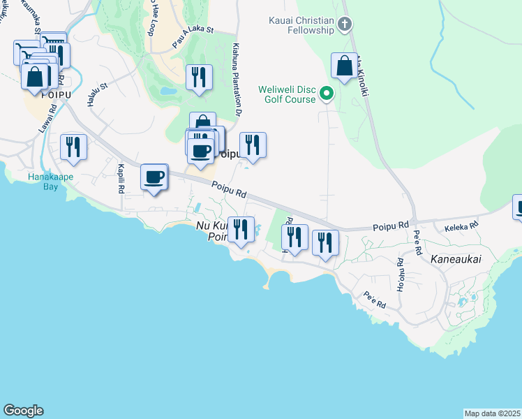 map of restaurants, bars, coffee shops, grocery stores, and more near 2253 Poipu Road in Koloa