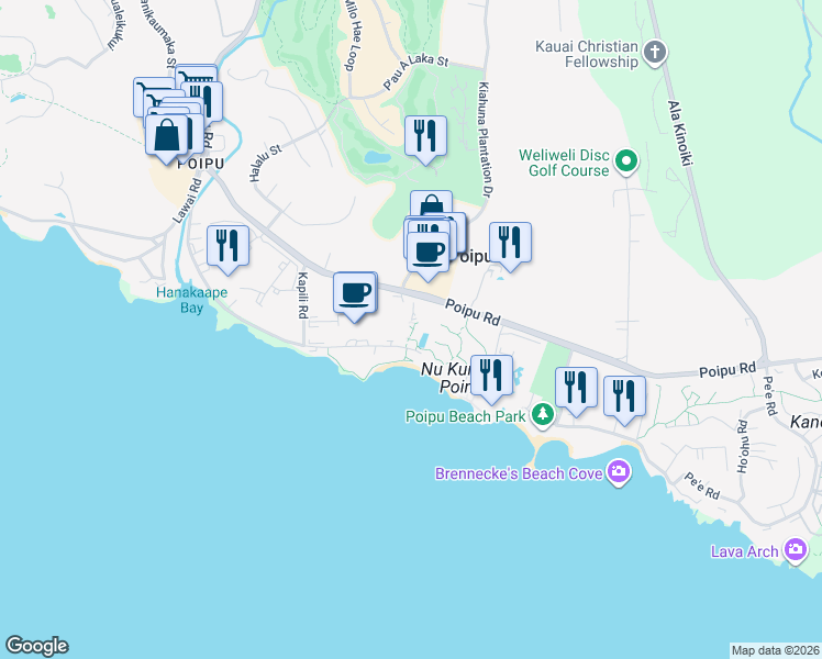 map of restaurants, bars, coffee shops, grocery stores, and more near 2400 Poipu Road in Koloa