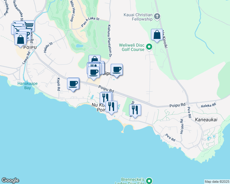 map of restaurants, bars, coffee shops, grocery stores, and more near 2249 Poipu Road in Koloa