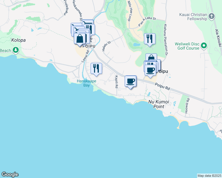 map of restaurants, bars, coffee shops, grocery stores, and more near 2221 Kapili Road in Koloa