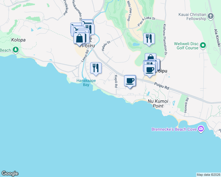 map of restaurants, bars, coffee shops, grocery stores, and more near 2221 Kapili Road in Koloa