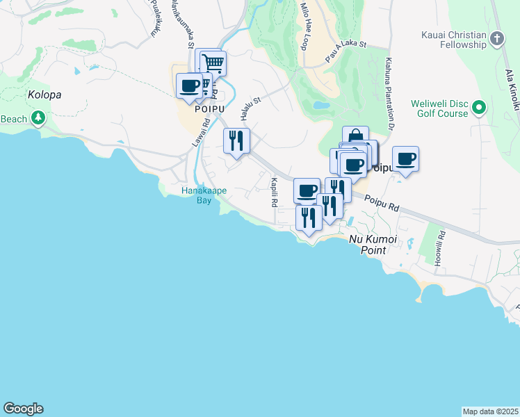 map of restaurants, bars, coffee shops, grocery stores, and more near 2221 Kapili Road in Koloa
