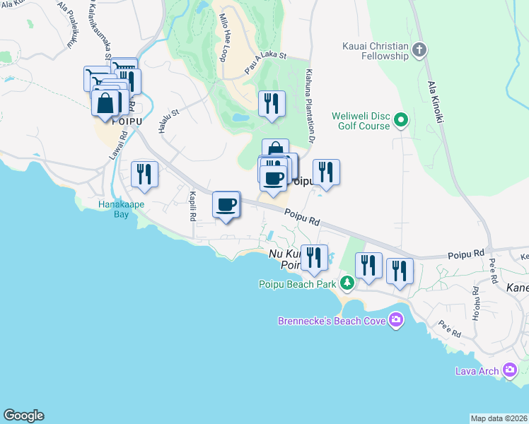 map of restaurants, bars, coffee shops, grocery stores, and more near 2400 Poipu Road in Koloa