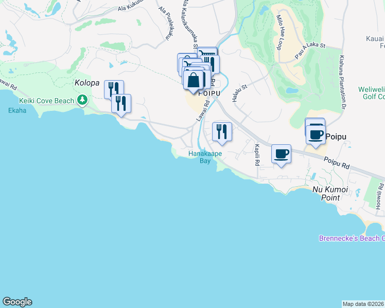map of restaurants, bars, coffee shops, grocery stores, and more near 2652A Puuholo Road in Koloa
