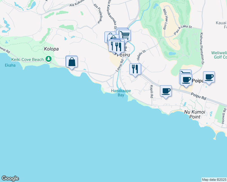 map of restaurants, bars, coffee shops, grocery stores, and more near 2652A Puuholo Road in Koloa