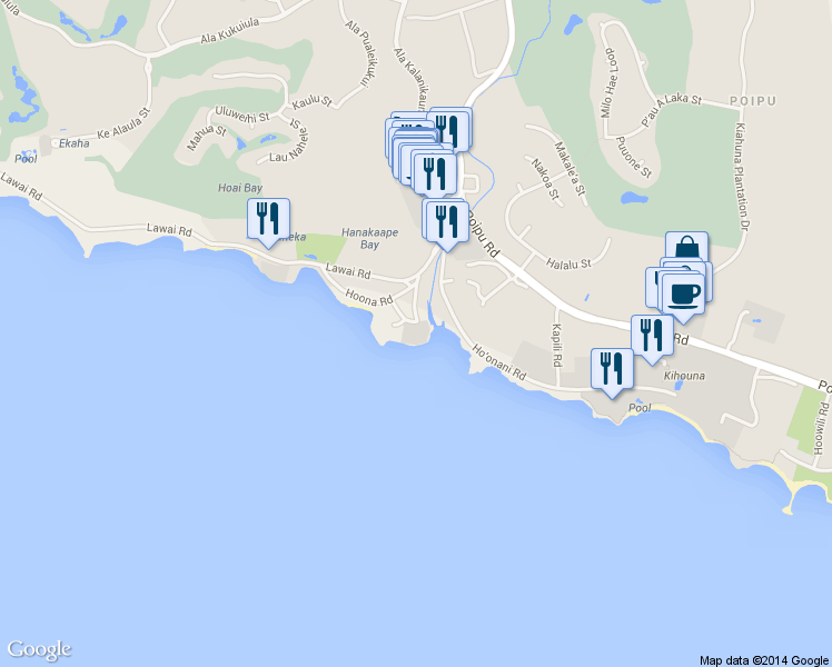 map of restaurants, bars, coffee shops, grocery stores, and more near 2652A Puuholo Road in Koloa