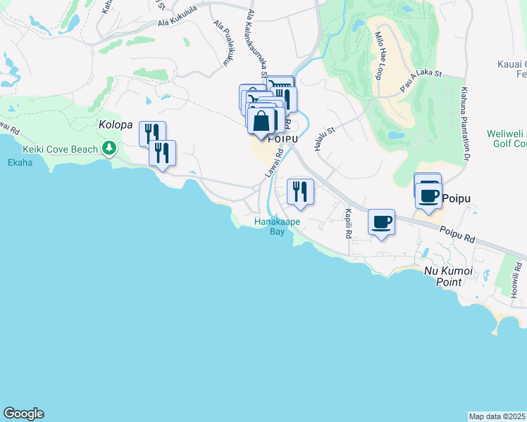 map of restaurants, bars, coffee shops, grocery stores, and more near 2652A Puuholo Road in Koloa