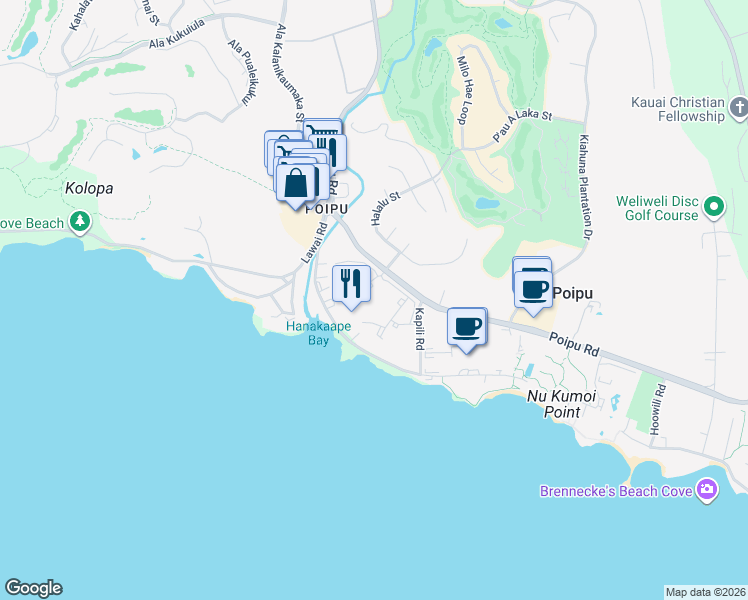 map of restaurants, bars, coffee shops, grocery stores, and more near 2641 Poipu Road in Koloa