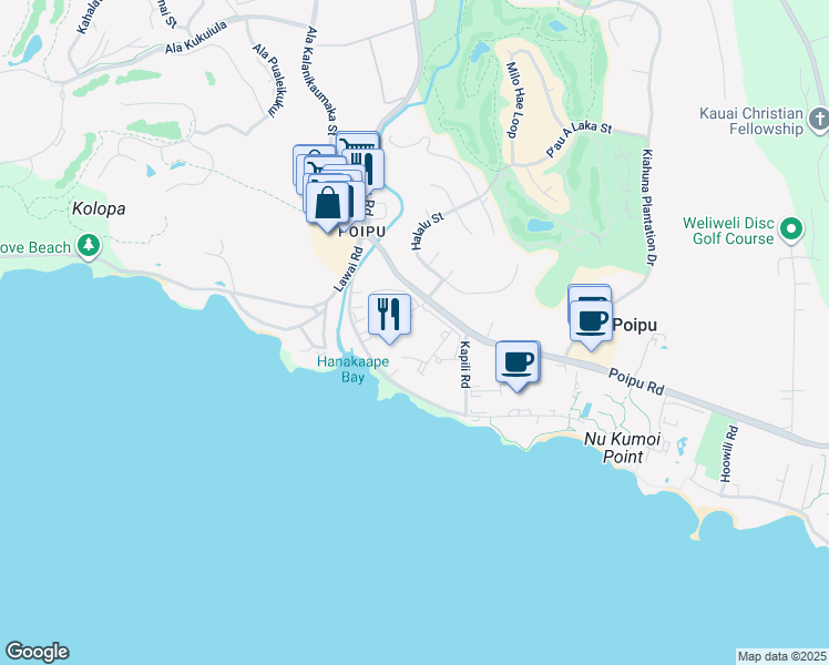 map of restaurants, bars, coffee shops, grocery stores, and more near 2641 Poipu Road in Koloa