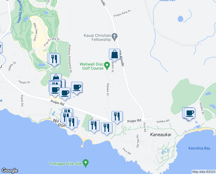 map of restaurants, bars, coffee shops, grocery stores, and more near 2457 Kipuka Street in Koloa