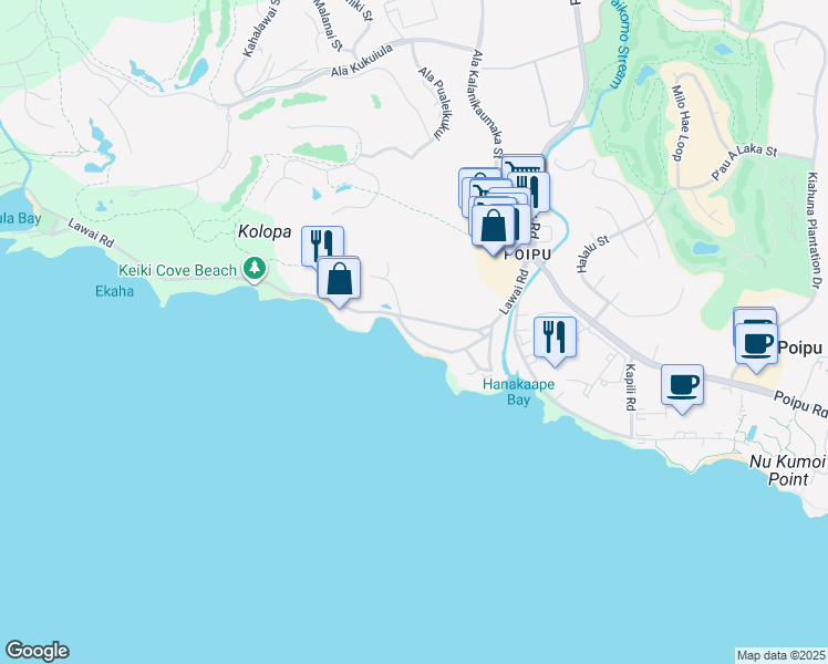 map of restaurants, bars, coffee shops, grocery stores, and more near 5123 Hoona Road in Koloa