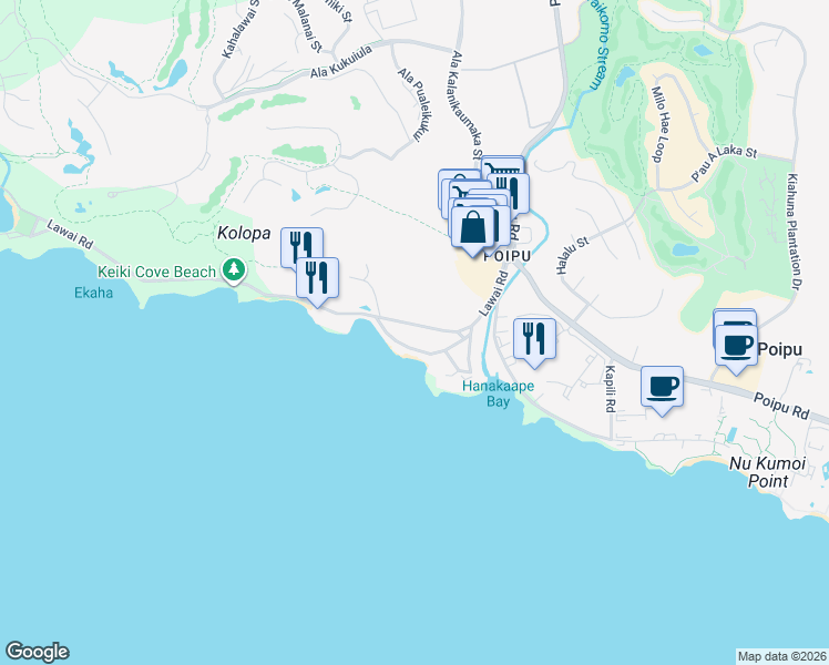map of restaurants, bars, coffee shops, grocery stores, and more near 5142 Lawai Road in Koloa