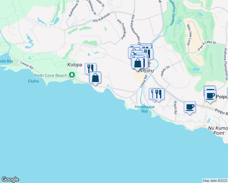 map of restaurants, bars, coffee shops, grocery stores, and more near 5123 Hoona Road in Koloa