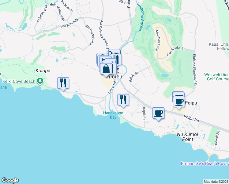 map of restaurants, bars, coffee shops, grocery stores, and more near 2721 Poipu Road in Koloa