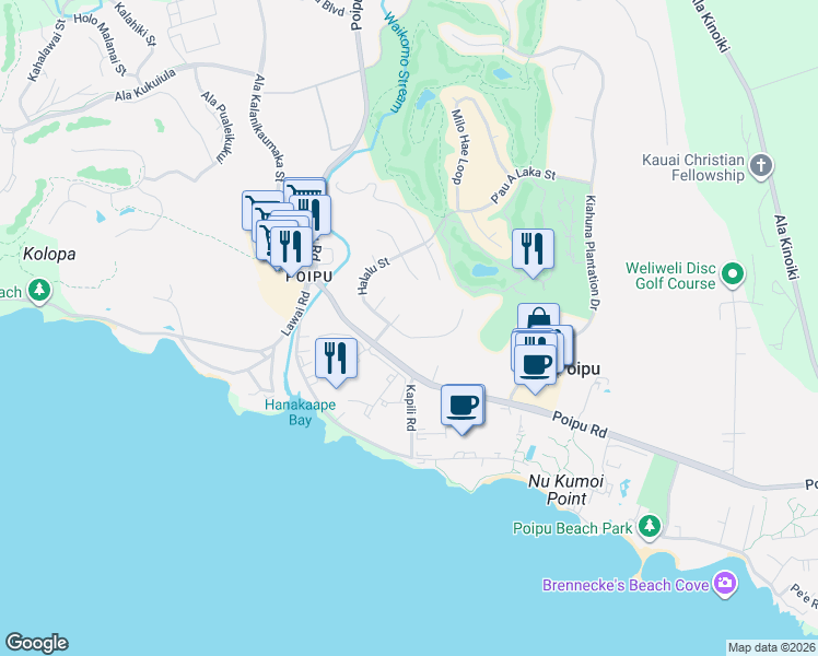 map of restaurants, bars, coffee shops, grocery stores, and more near 2624 Halalu Street in Koloa