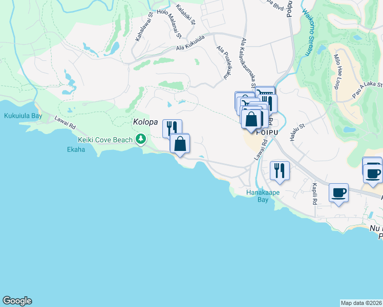 map of restaurants, bars, coffee shops, grocery stores, and more near 5061 Lawai Road in Koloa