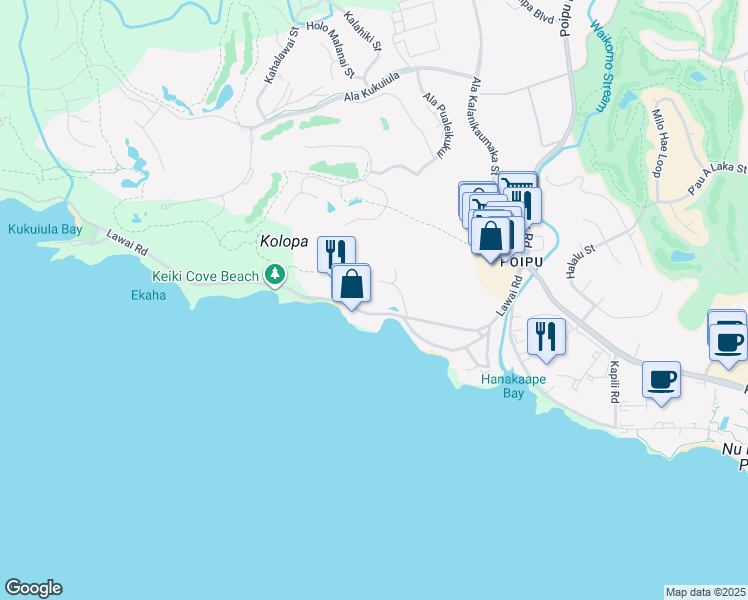 map of restaurants, bars, coffee shops, grocery stores, and more near 5061 Lawai Road in Koloa