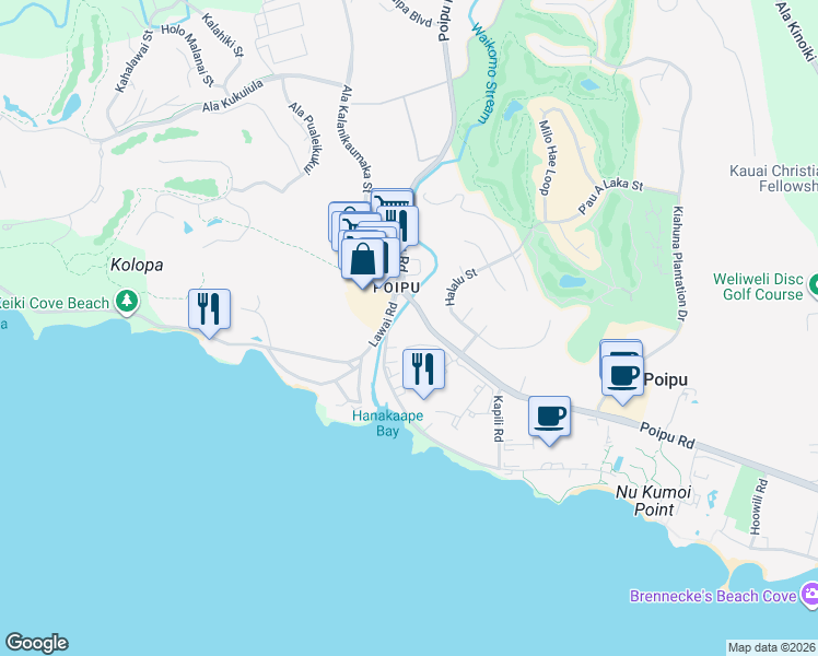 map of restaurants, bars, coffee shops, grocery stores, and more near 2721 Poipu Road in Koloa