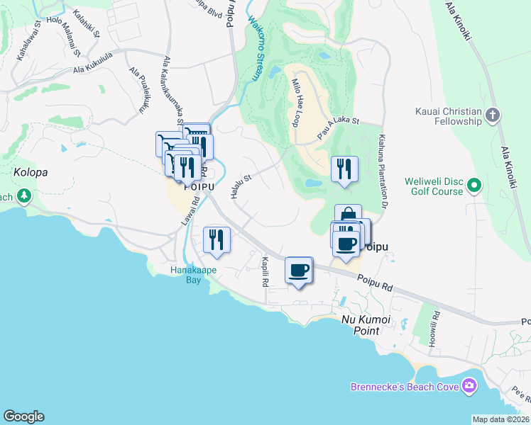 map of restaurants, bars, coffee shops, grocery stores, and more near 2624 Halalu Street in Koloa