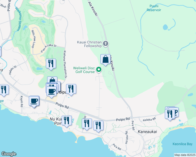 map of restaurants, bars, coffee shops, grocery stores, and more near 2535 Kipuka Street in Koloa