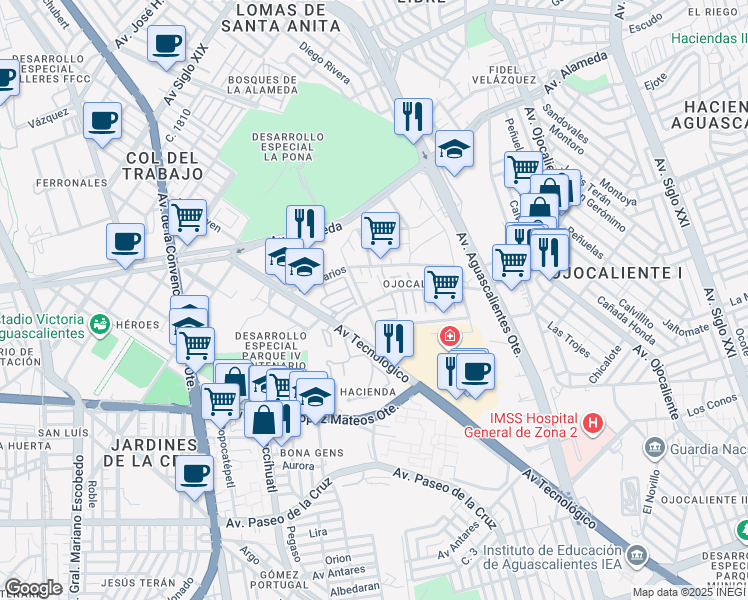 map of restaurants, bars, coffee shops, grocery stores, and more near 202 Avenida Ojocaliente in Aguascalientes