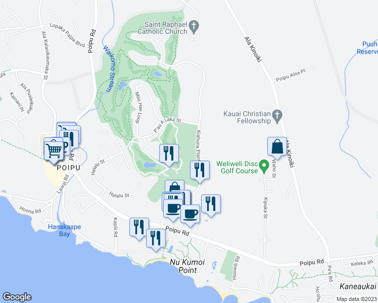 map of restaurants, bars, coffee shops, grocery stores, and more near 2611 Kiahuna Plantation Drive in Koloa