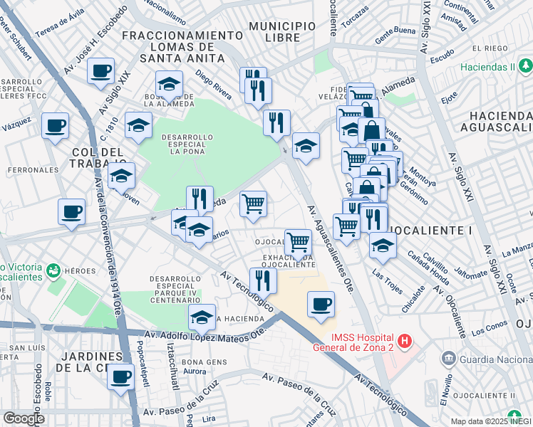 map of restaurants, bars, coffee shops, grocery stores, and more near Romulo Velasco Rodriguez in Aguascalientes
