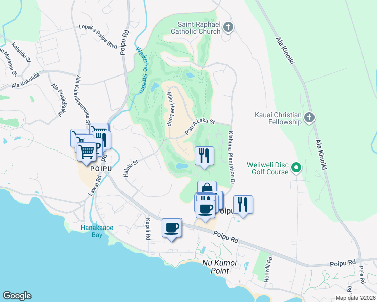 map of restaurants, bars, coffee shops, grocery stores, and more near 5352 Puuone Place in Koloa