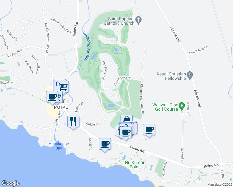 map of restaurants, bars, coffee shops, grocery stores, and more near 5352 Puuone Place in Koloa