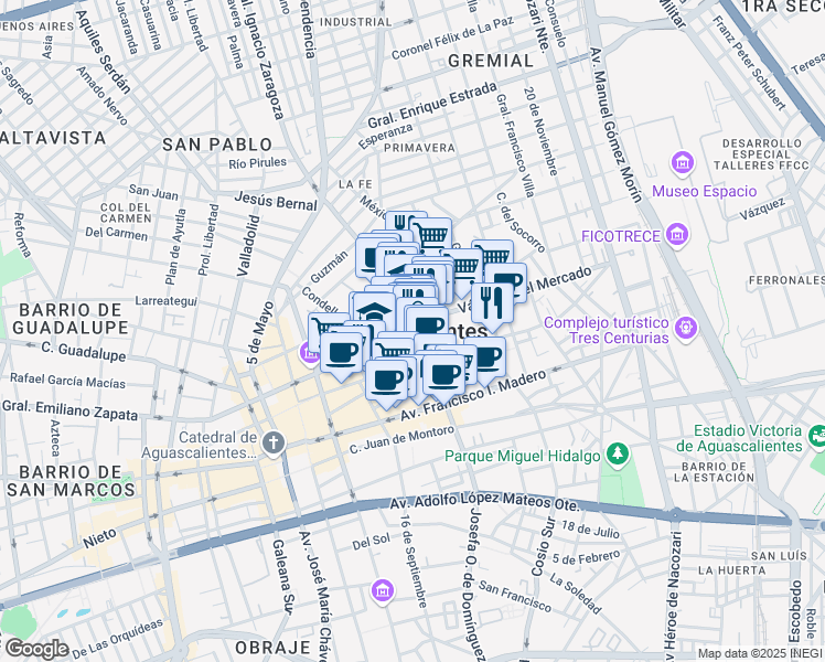 map of restaurants, bars, coffee shops, grocery stores, and more near in Aguascalientes