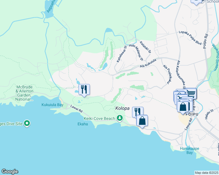 map of restaurants, bars, coffee shops, grocery stores, and more near 2849 Ke Alaula Street in Koloa