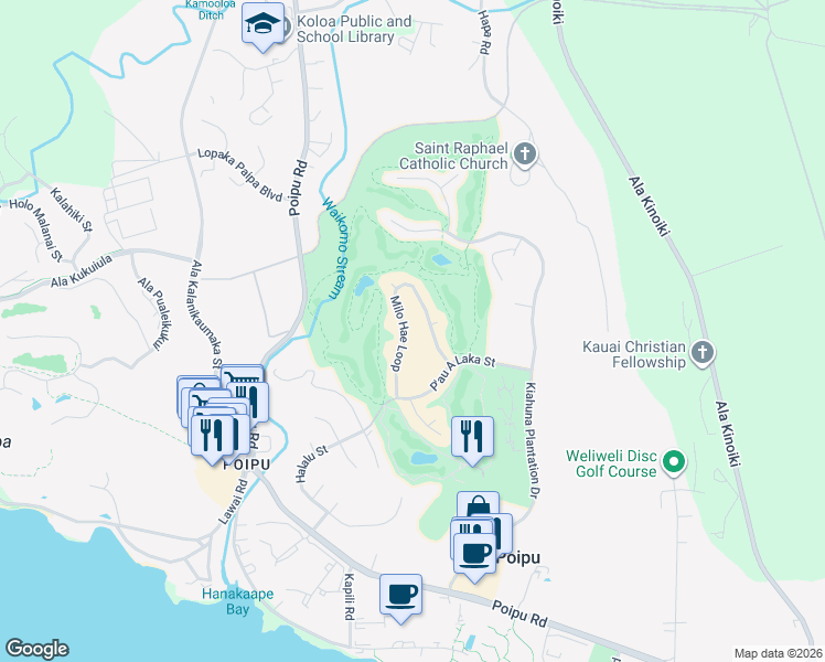 map of restaurants, bars, coffee shops, grocery stores, and more near 2841 Milo Hae Loop in Koloa