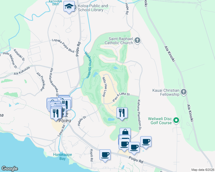 map of restaurants, bars, coffee shops, grocery stores, and more near 2841 Milo Hae Loop in Koloa