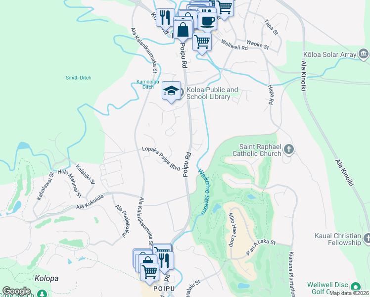map of restaurants, bars, coffee shops, grocery stores, and more near 3011 Poipu Road in Koloa