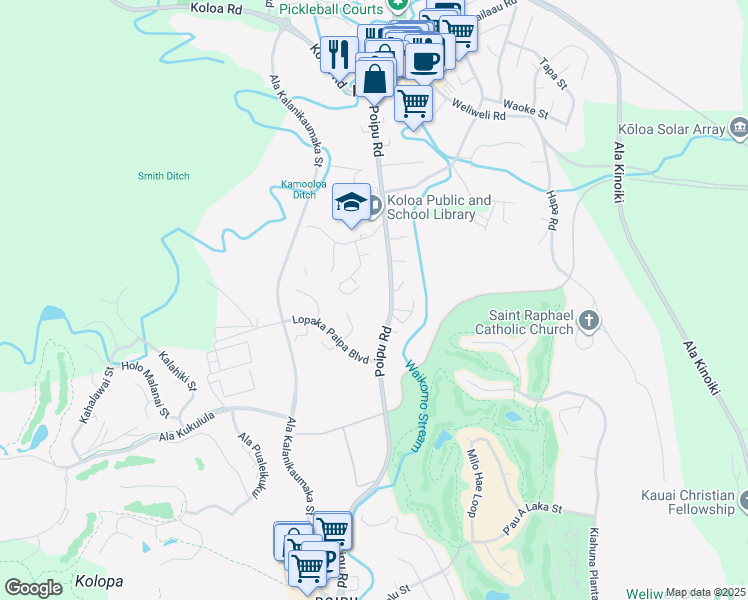 map of restaurants, bars, coffee shops, grocery stores, and more near in Koloa
