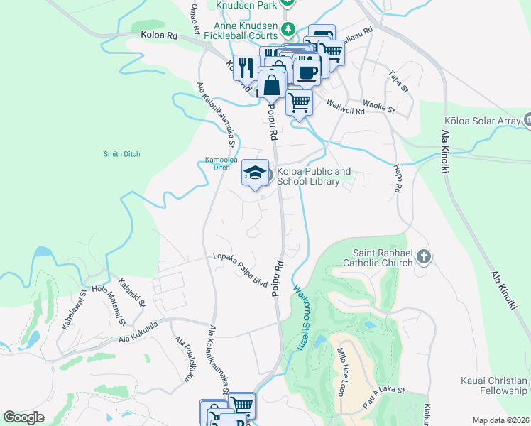 map of restaurants, bars, coffee shops, grocery stores, and more near 3180 Hikina Road in Koloa