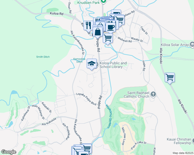map of restaurants, bars, coffee shops, grocery stores, and more near 3180 Hikina Road in Koloa