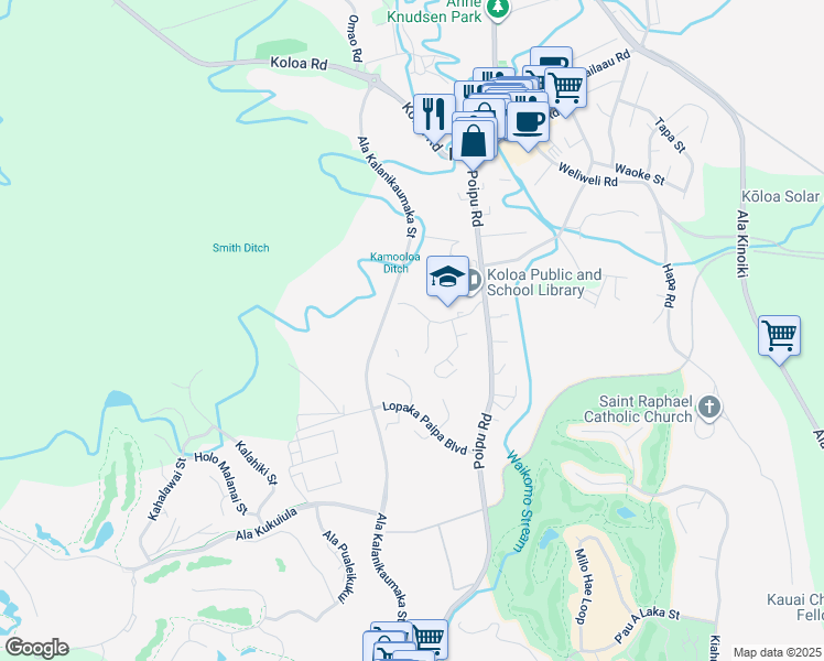 map of restaurants, bars, coffee shops, grocery stores, and more near 5220 Paanau Road in Koloa