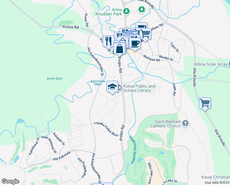 map of restaurants, bars, coffee shops, grocery stores, and more near 3223 Poipu Road in Koloa