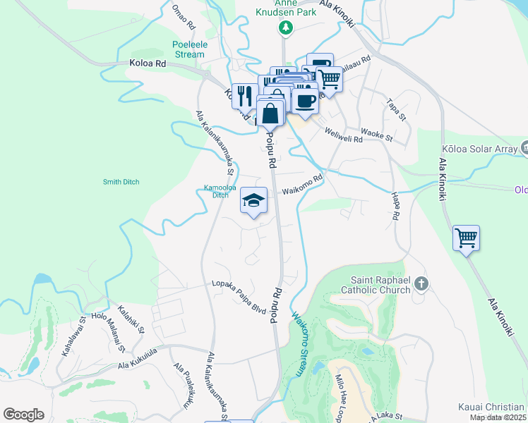 map of restaurants, bars, coffee shops, grocery stores, and more near 3223 Poipu Road in Koloa