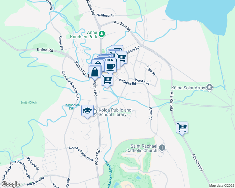 map of restaurants, bars, coffee shops, grocery stores, and more near 3345A Waikomo Road in Koloa